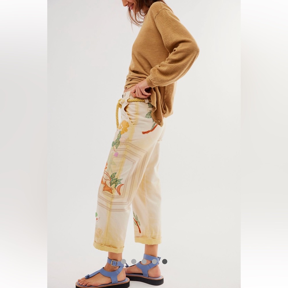 Free People Cream Floral Cropped Embroidered Pants - Picture 6 of 14